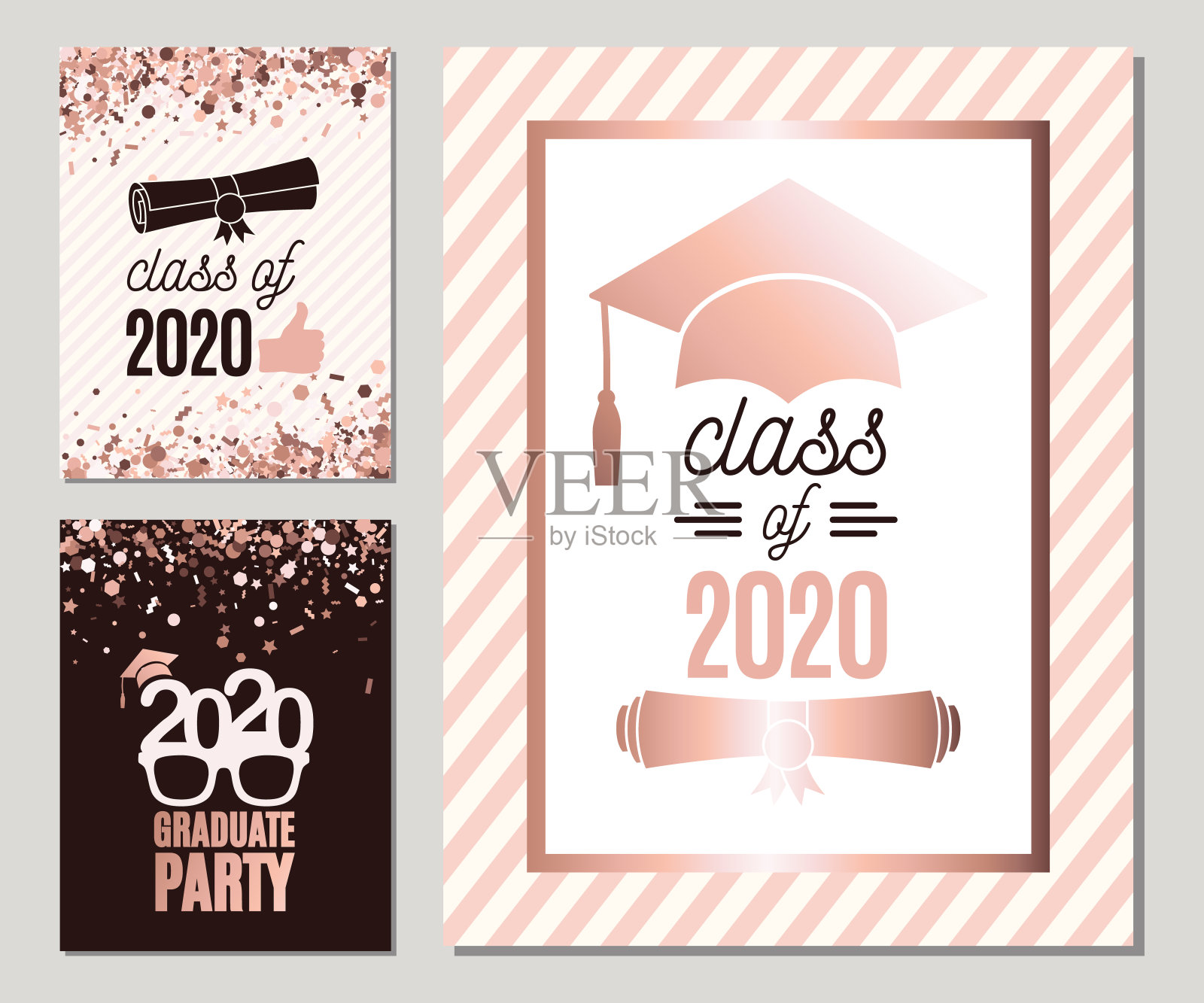 毕业2020年贺卡设置在玫瑰金色。三份矢量毕业生派对邀请函。Grad级海报。都是隔离和分层的插画图片素材