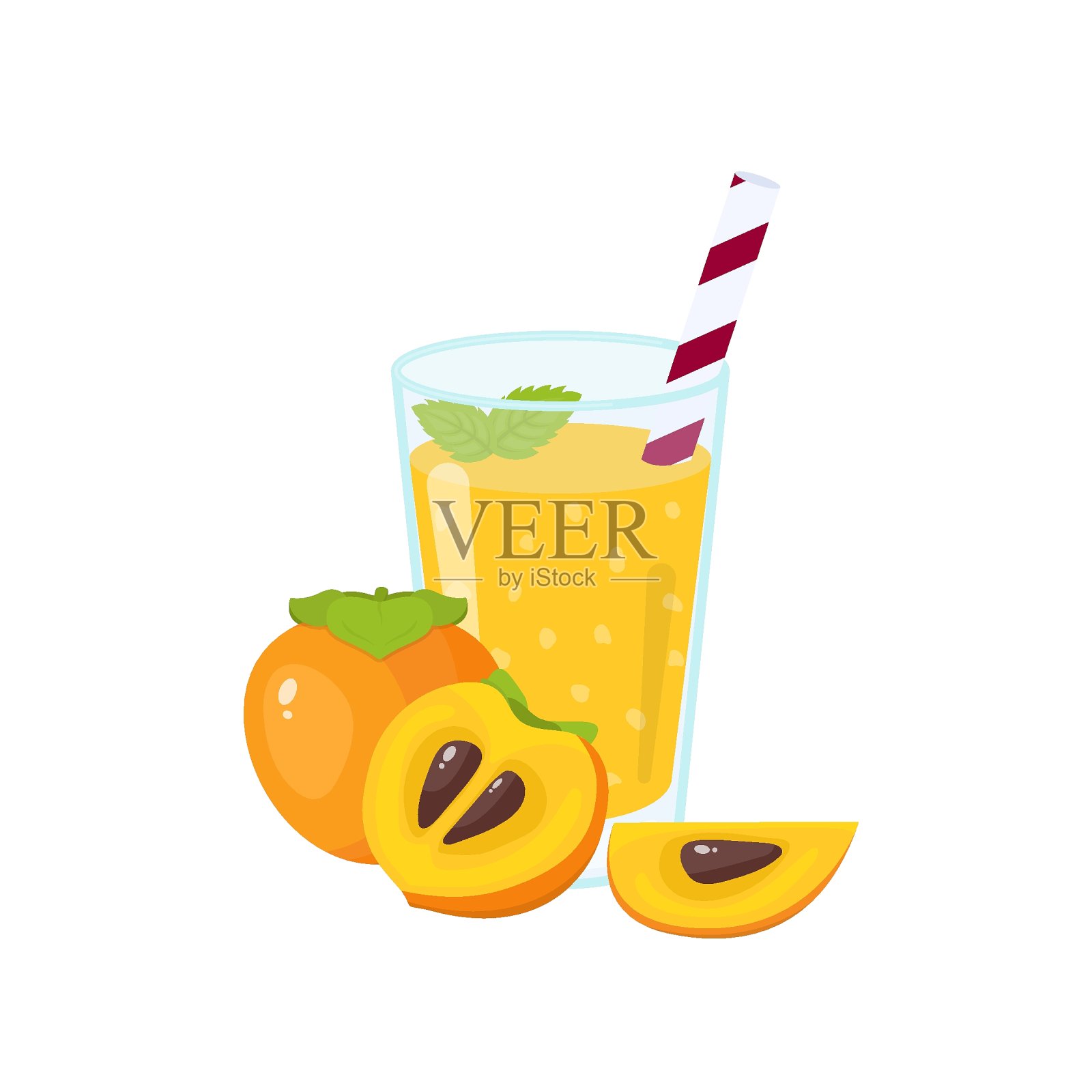 新鲜柿子奶昔。一杯水果冰沙。健康饮品矢量图插画图片素材