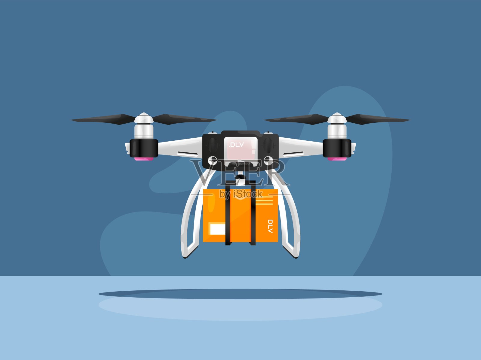 无人机携带方箱包装给客户。安全无接触空运无人机与两个螺旋桨孤立矢量图像。零售和运输领域的创新技术。插画图片素材