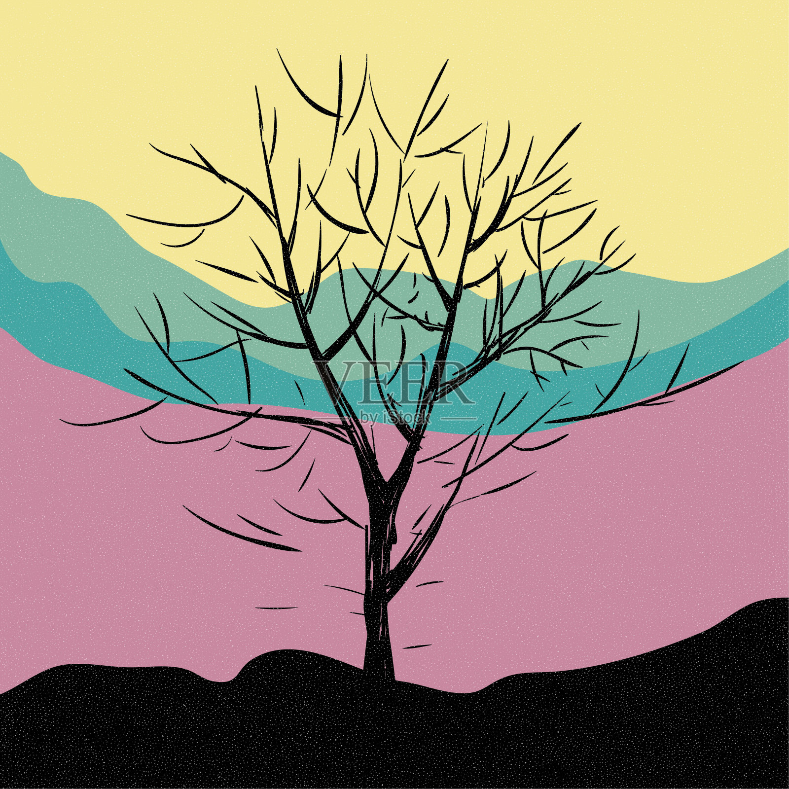 矢量绘制景观。画面中有遥远的山川和树木。插画图片素材