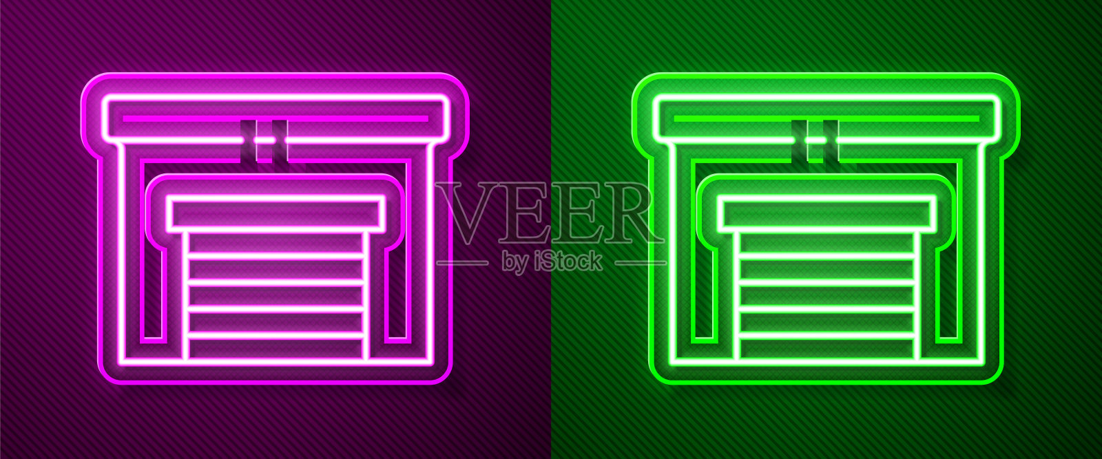 发光的霓虹灯线车库图标孤立在紫色和绿色的背景。矢量图插画图片素材