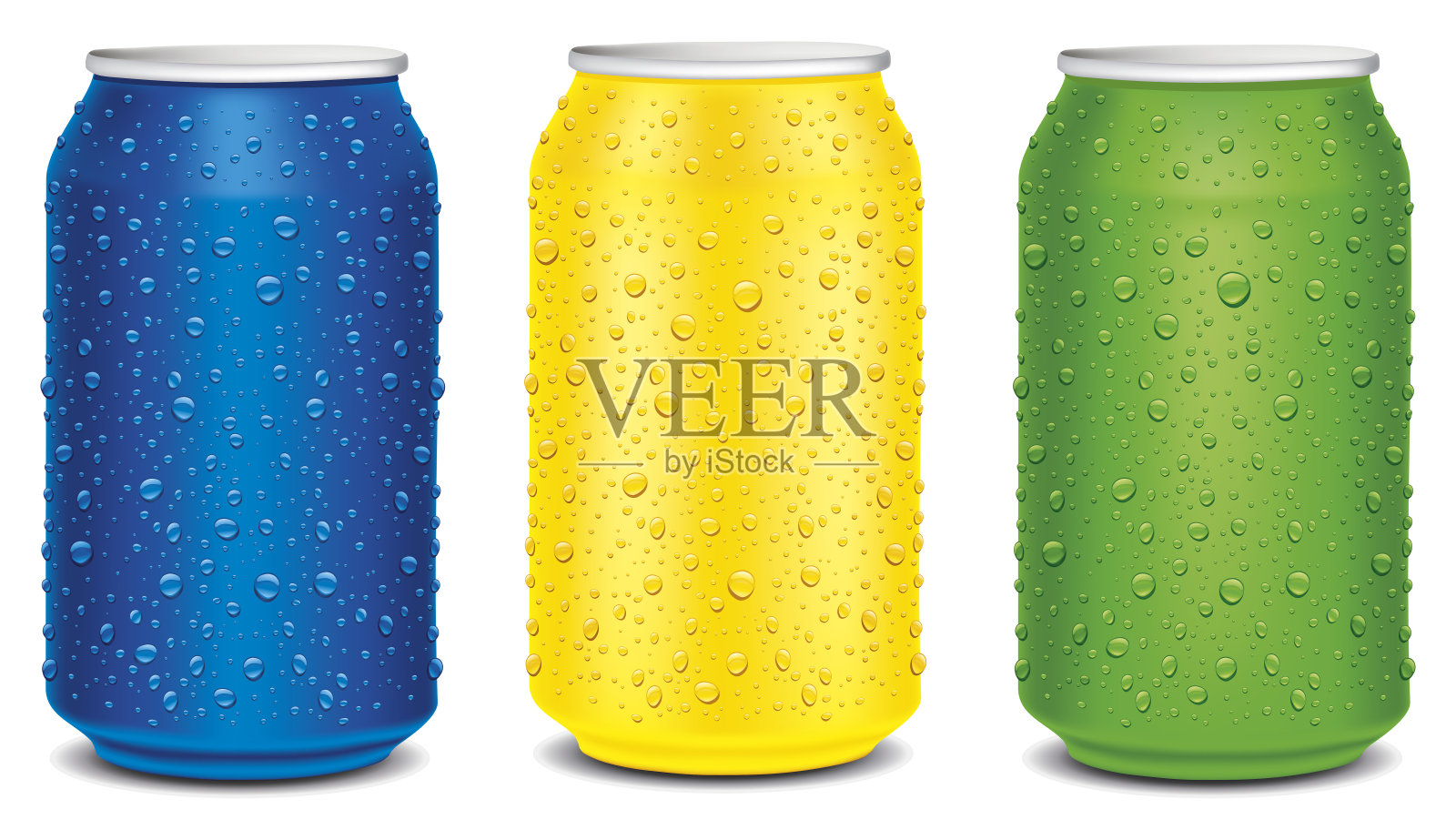 铝锡罐黄色，绿色，深蓝色和许多淡水滴插画图片素材