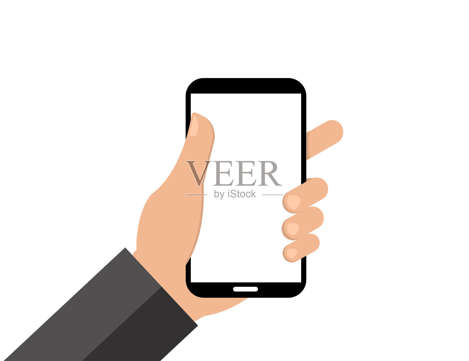 智能手机在手里。孤立的白色手机屏幕与手臂和手指。黑色的设备。手机模型在手。手持智能手机概念，触摸它。模板的电话。向量EPS 10。设计元素图片