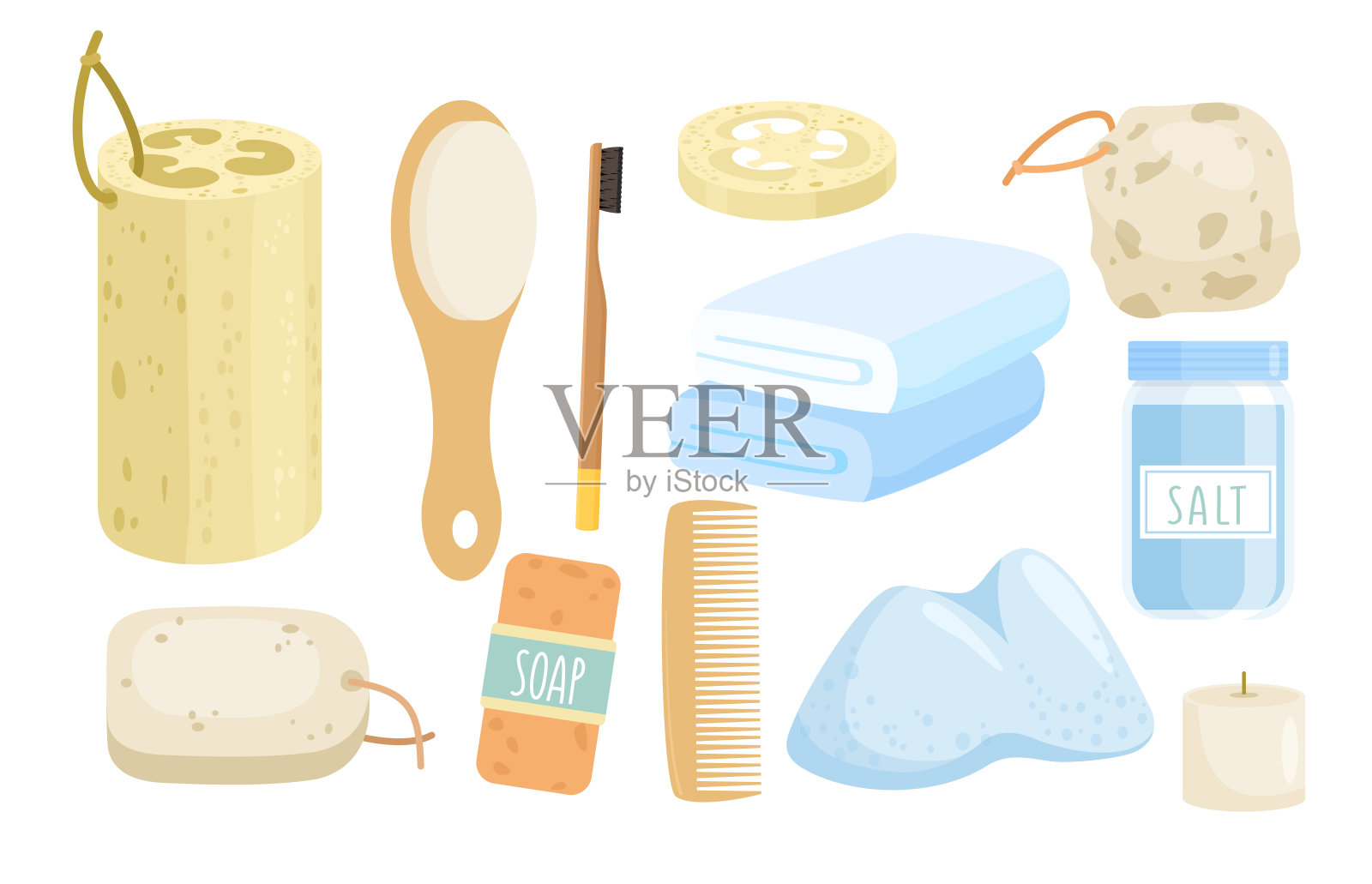 生态浴配件矢量插图集，卡通平面零废物浴室收集与木梳子或牙刷，丝瓜海绵，天然海盐和肥皂图标插画图片素材