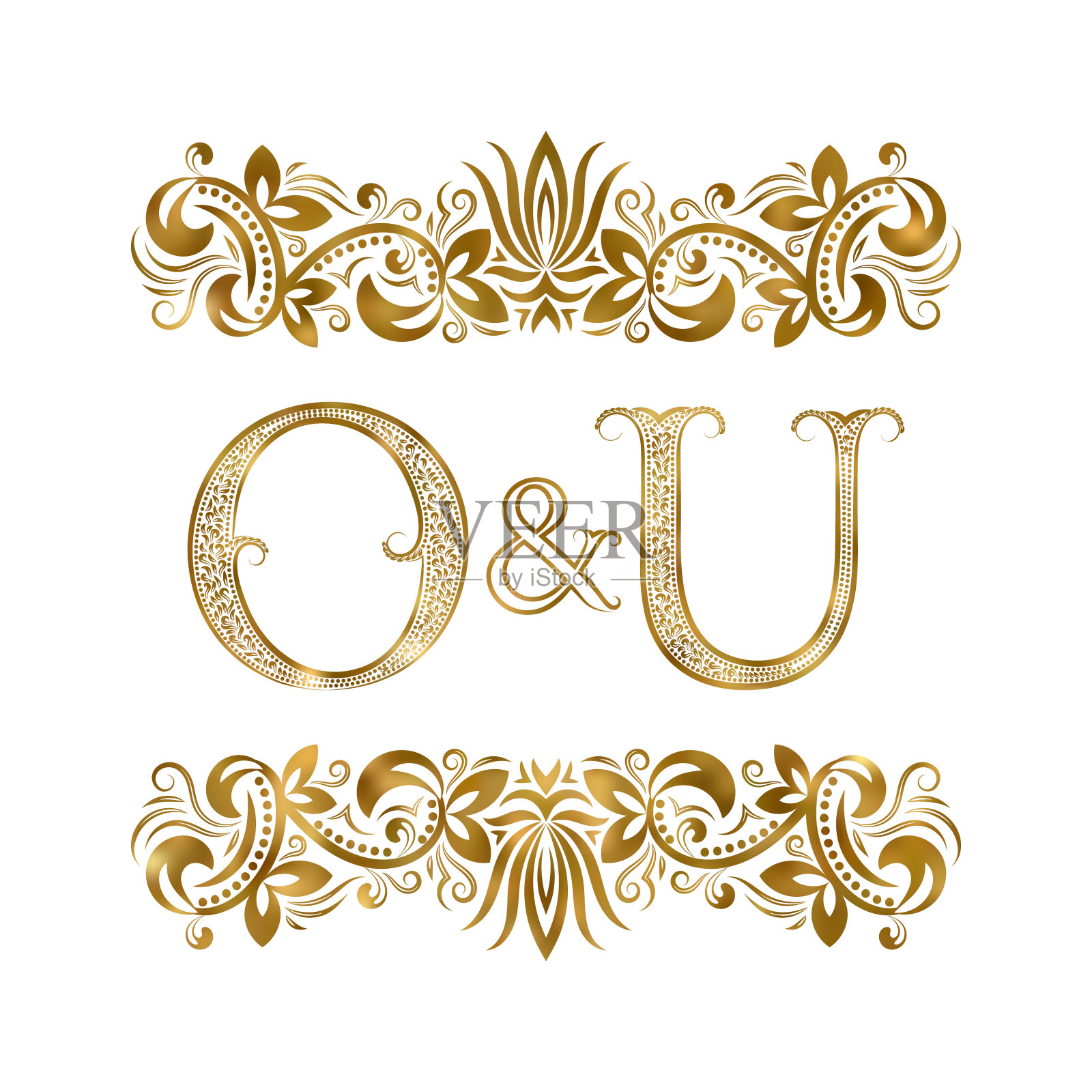 O和U复古的首字母符号。字母周围有装饰元素。皇室风格的婚礼或商业伙伴的字母组合。插画图片素材