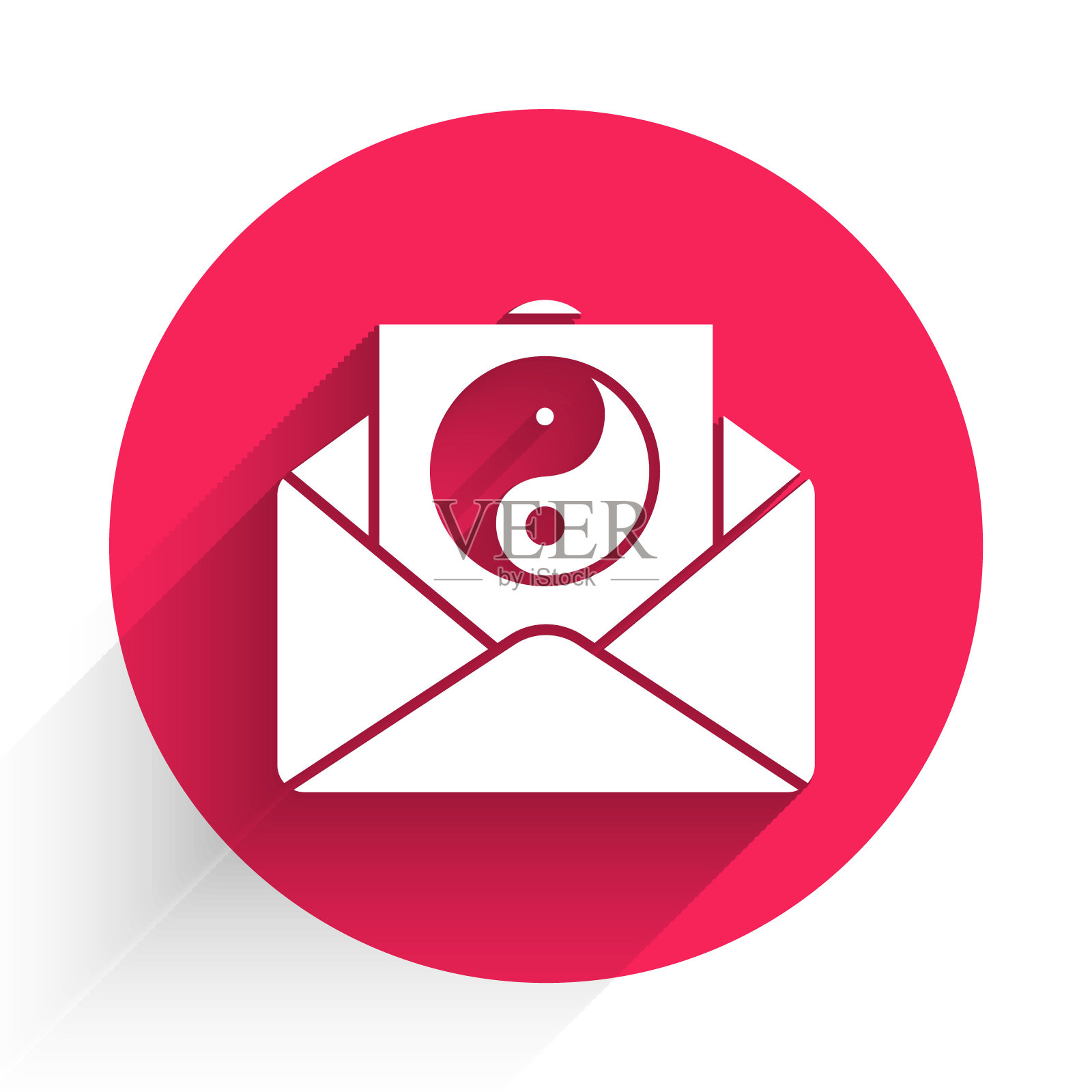 白色阴阳和信封图标孤立与长影子。和谐和平衡的象征。红色圆圈按钮。矢量图插画图片素材