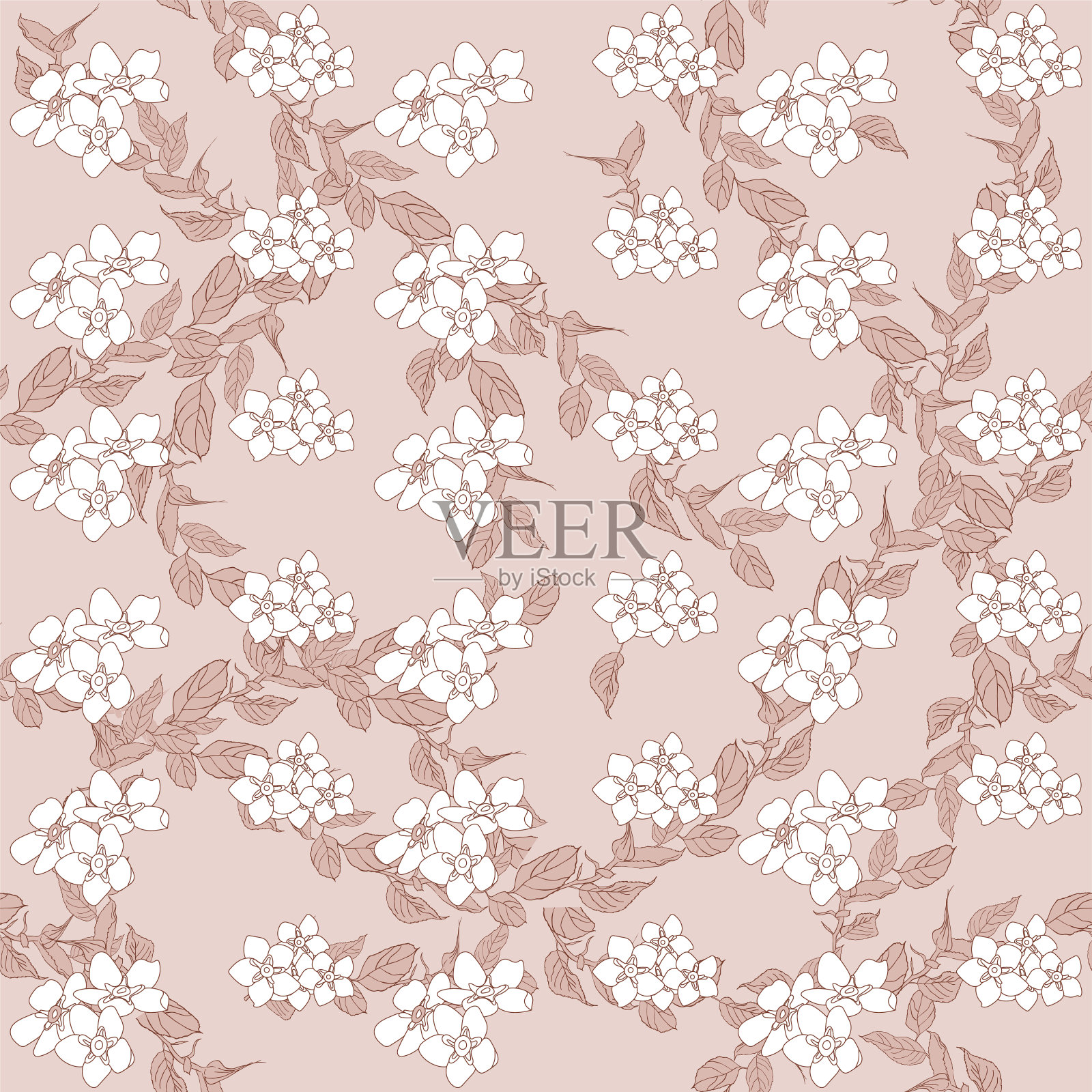 无缝图案与绣球。粉红色的花，叶子的背景。花卉风格中的抽象图案。构思材料，围巾，织物，纺织品，墙纸，包装纸。插画图片素材