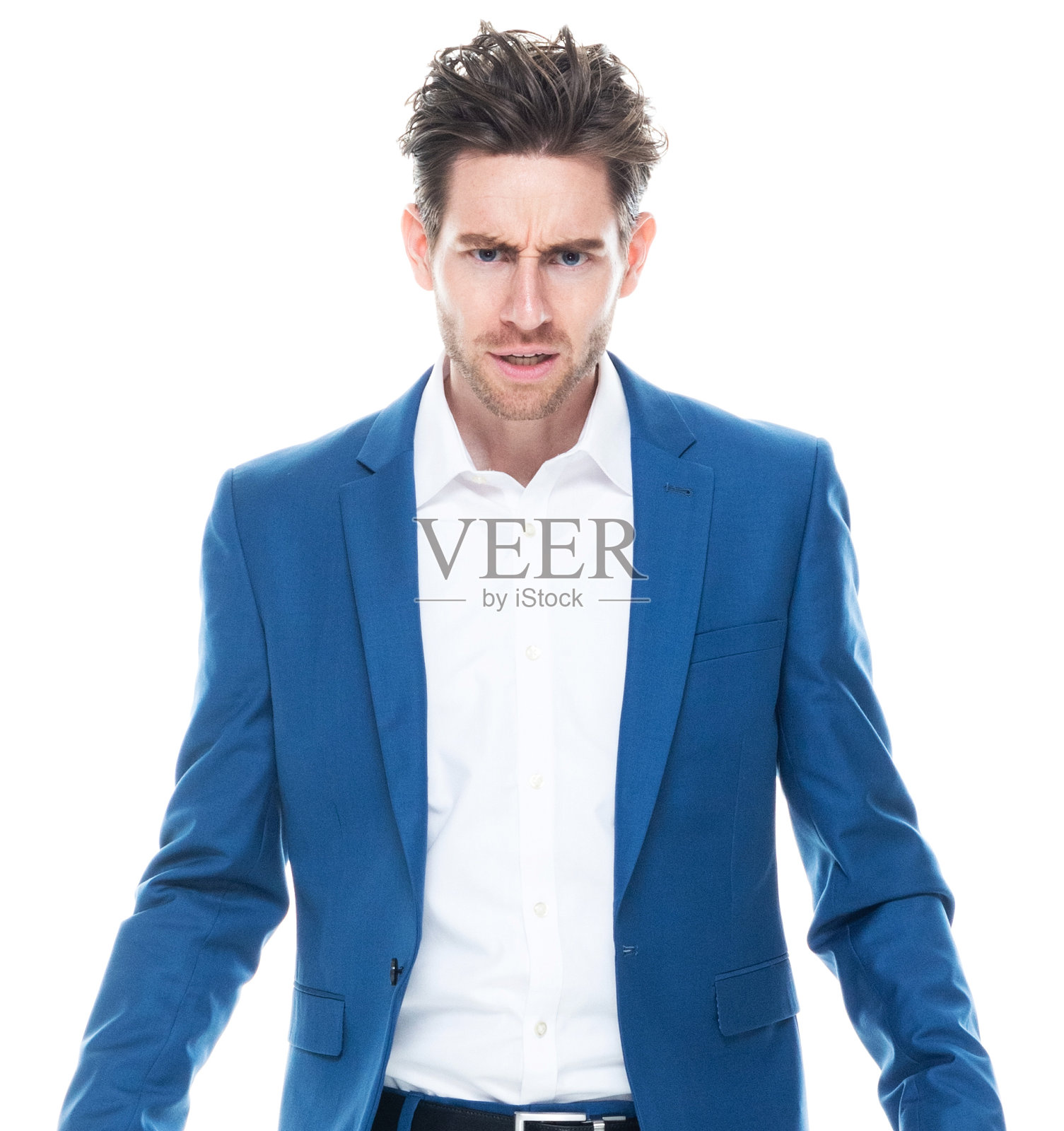 白人男性商务人士穿着商务装站在白色背景前照片摄影图片