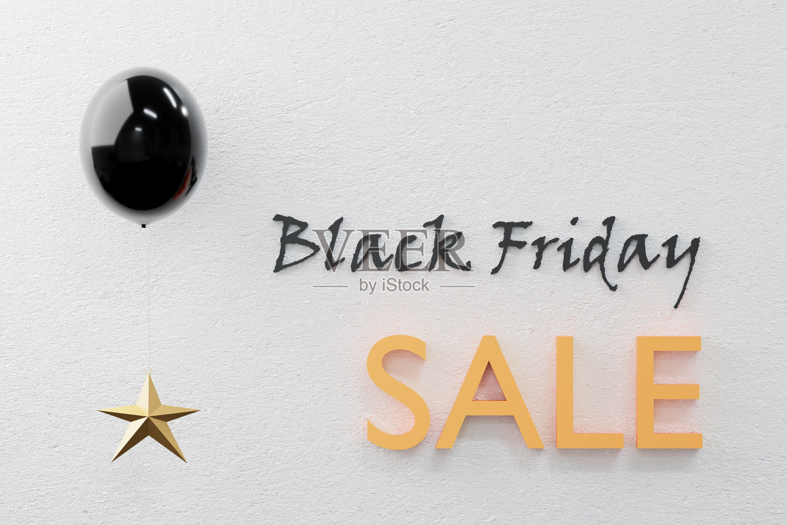 黑色星期五销售概念，黑色气球和金星与黑色星期五销售字在白墙混凝土。3 d渲染。照片摄影图片
