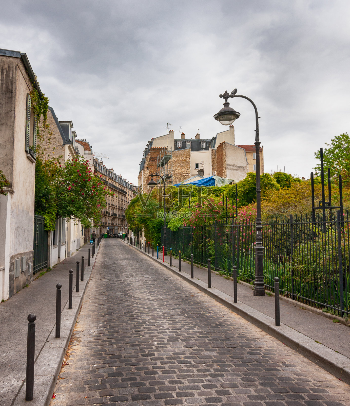 迷人的鲜花区与公寓在巴黎，Rue des Thermopyles, 14圆。法国。照片摄影图片