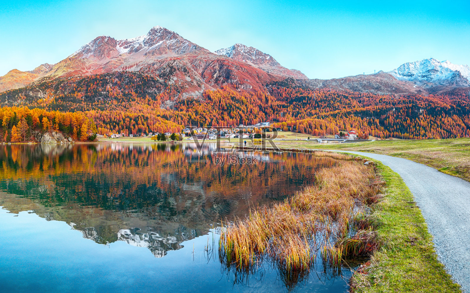 Silvaplana湖和村庄的秋季全景照片摄影图片