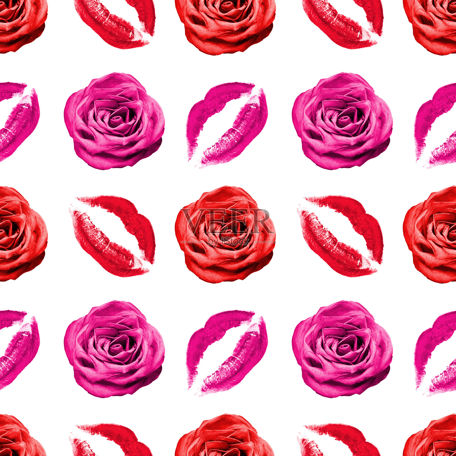 无缝图案红玫瑰花和粉色口红吻印在白色背景上孤立，玫瑰花和唇妆邮票重复点缀，化妆墙纸，美丽背景，时尚横幅照片摄影图片