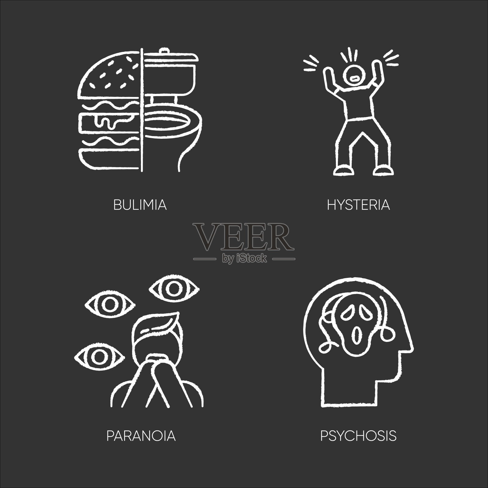 精神障碍粉笔图标集：贪食症、进食障碍、歇斯底里、惊恐发作、焦虑、抑郁、偏执狂、恐惧症、精神病孤立矢量黑板插图插画图片素材