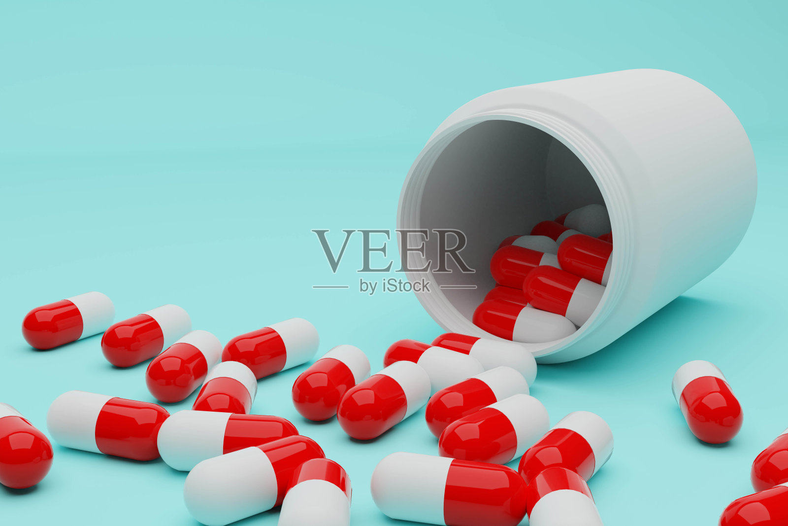 3d渲染近距离药丸溢出的药瓶照片摄影图片