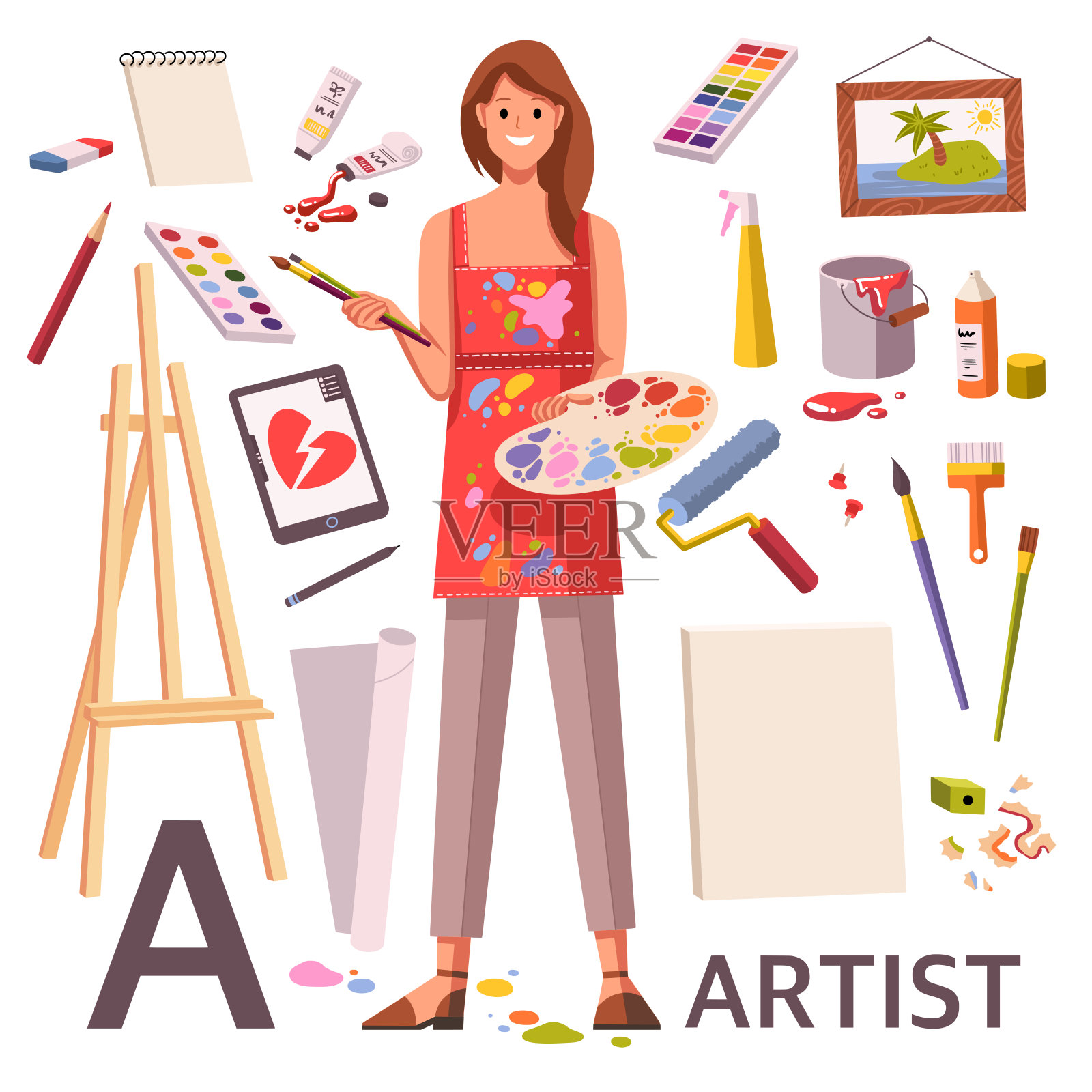 艺术家角色和艺术用品的图标安排在它周围。平面风格矢量插图。年轻的女艺术家，手里拿着画笔和调色板。字母的职业。字母A -艺术家。插画图片素材