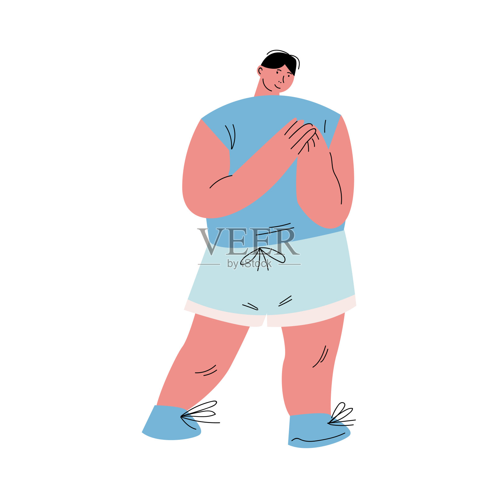 快乐超重黑头发男人站在蓝色短裤和t恤。矢量插图卡通风格。插画图片素材