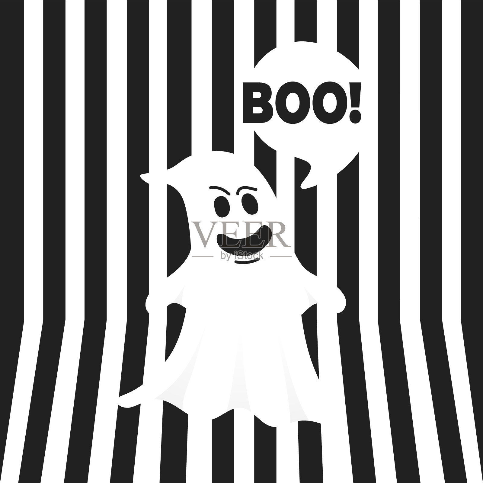 Boo鬼万圣节短信的概念。飞行万圣节搞笑鬼鬼角色说BOO与文字空间在语音气泡矢量插图孤立在黑色条纹背景。插画图片素材