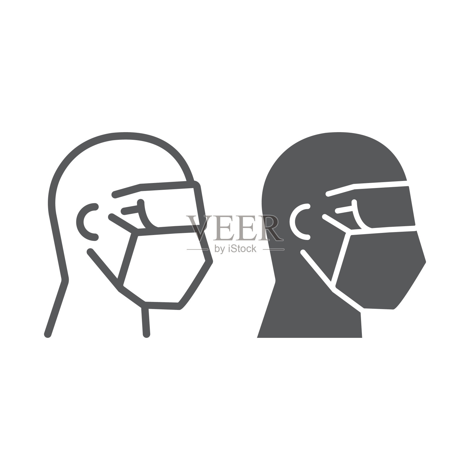 人戴安全帽和护目镜的线条和字形图标、新冠肺炎和防护、医用口罩和护目镜符号矢量图形、白色背景上的线性图标。插画图片素材