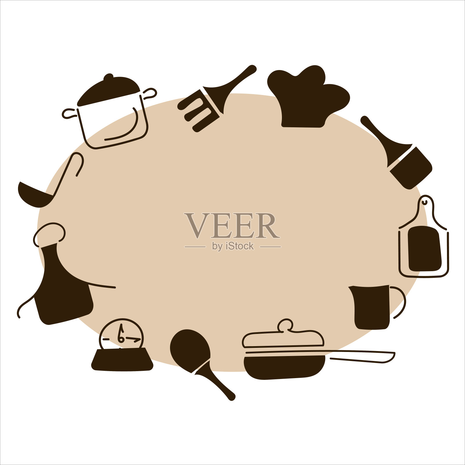 烹饪食物框架模板的食物与餐具，厨房配件。插画图片素材