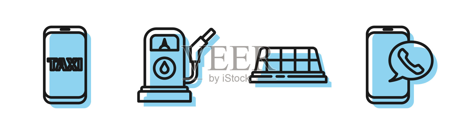 设有出租车车顶、出租车电话服务、加油站和出租车电话服务图标。向量插画图片素材