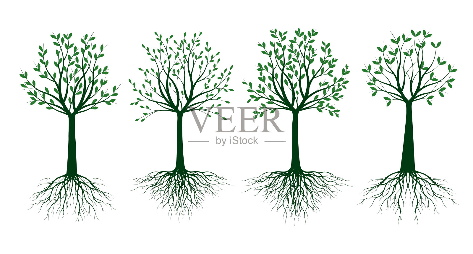 让绿色的树有叶子。矢量插图轮廓。轮廓树，植物在花园里。插画图片素材