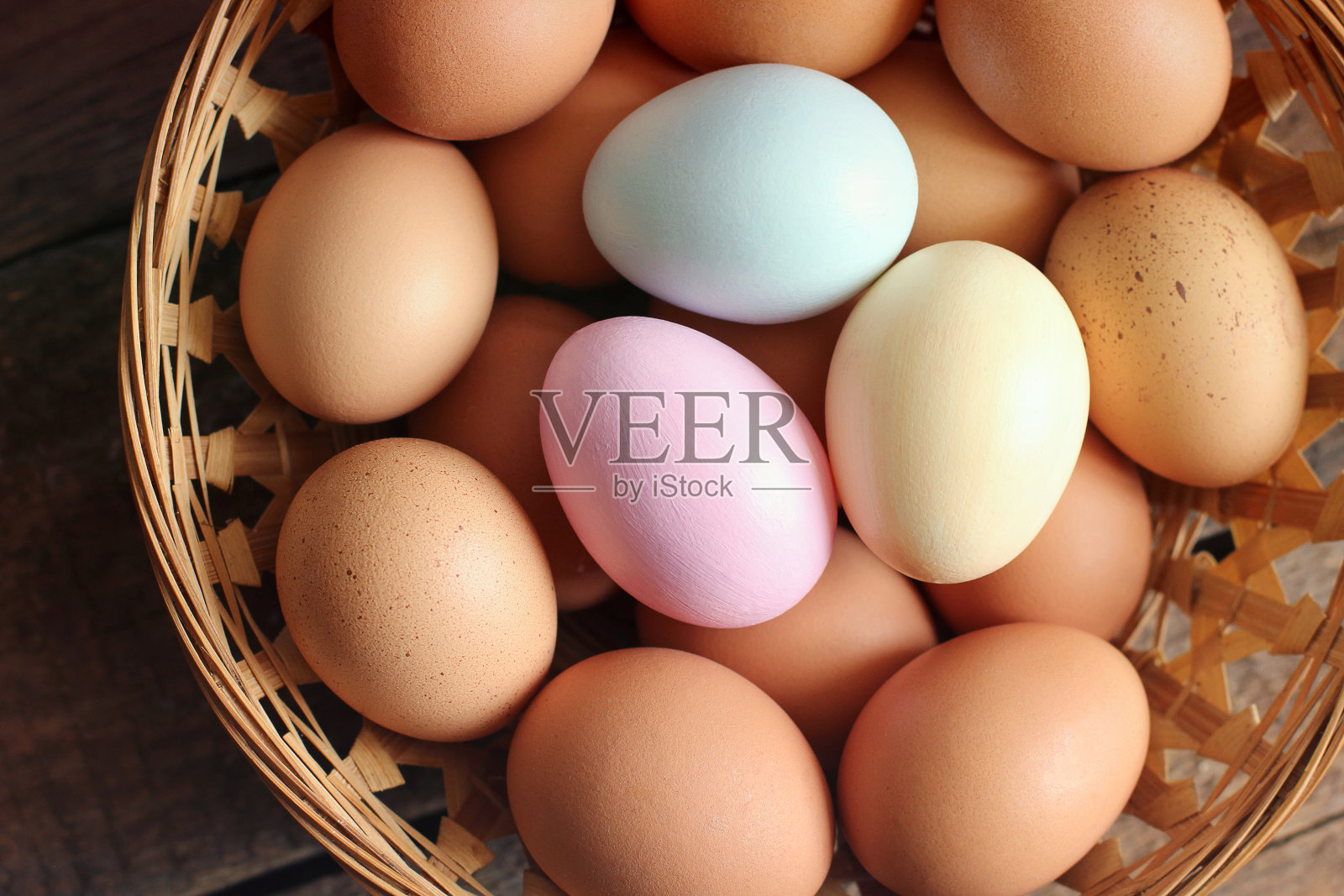 木制背景上的篮子里的鸡蛋。鸡蛋放在篮子里。鸡蛋靠近。的彩蛋照片摄影图片