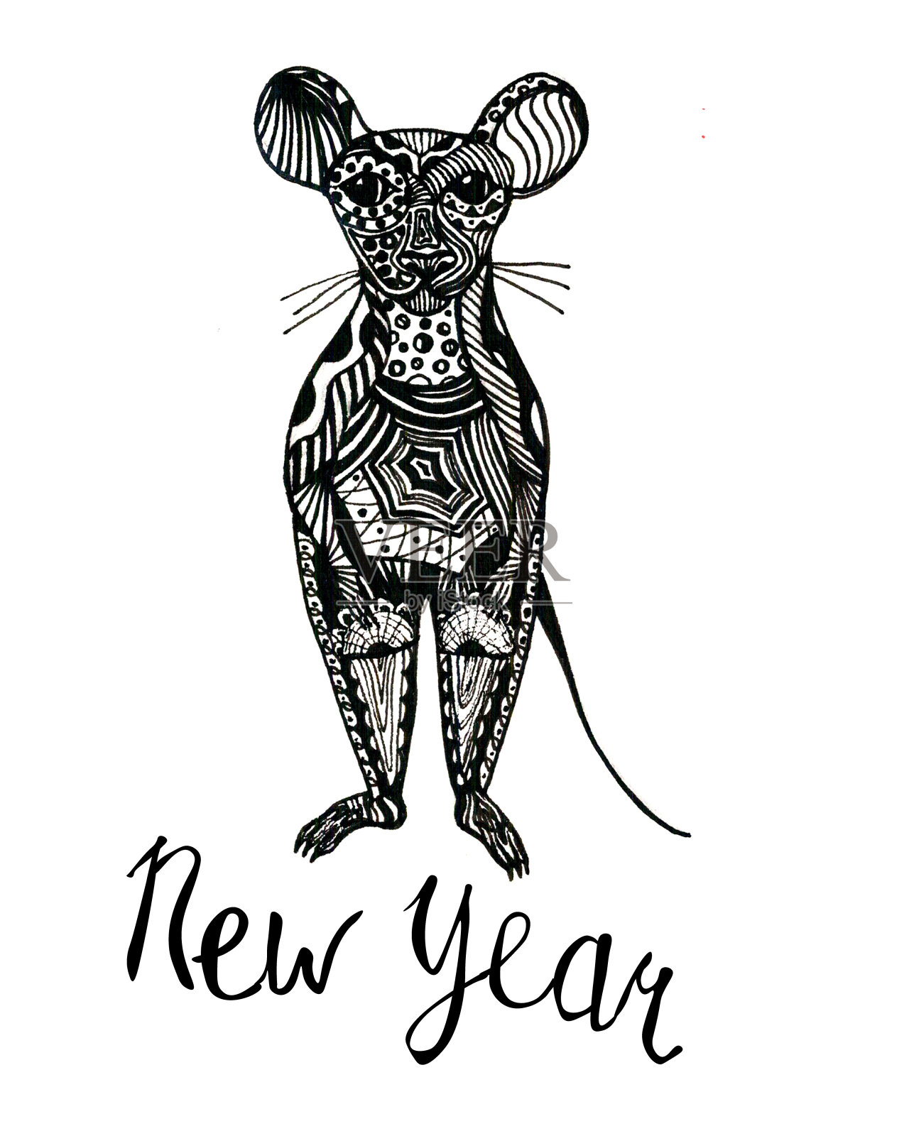 现代鼠标字符线性黑色插图在白色背景的旗帜设计。新年横幅/圣诞贺卡线性关节与铭文插画图片素材