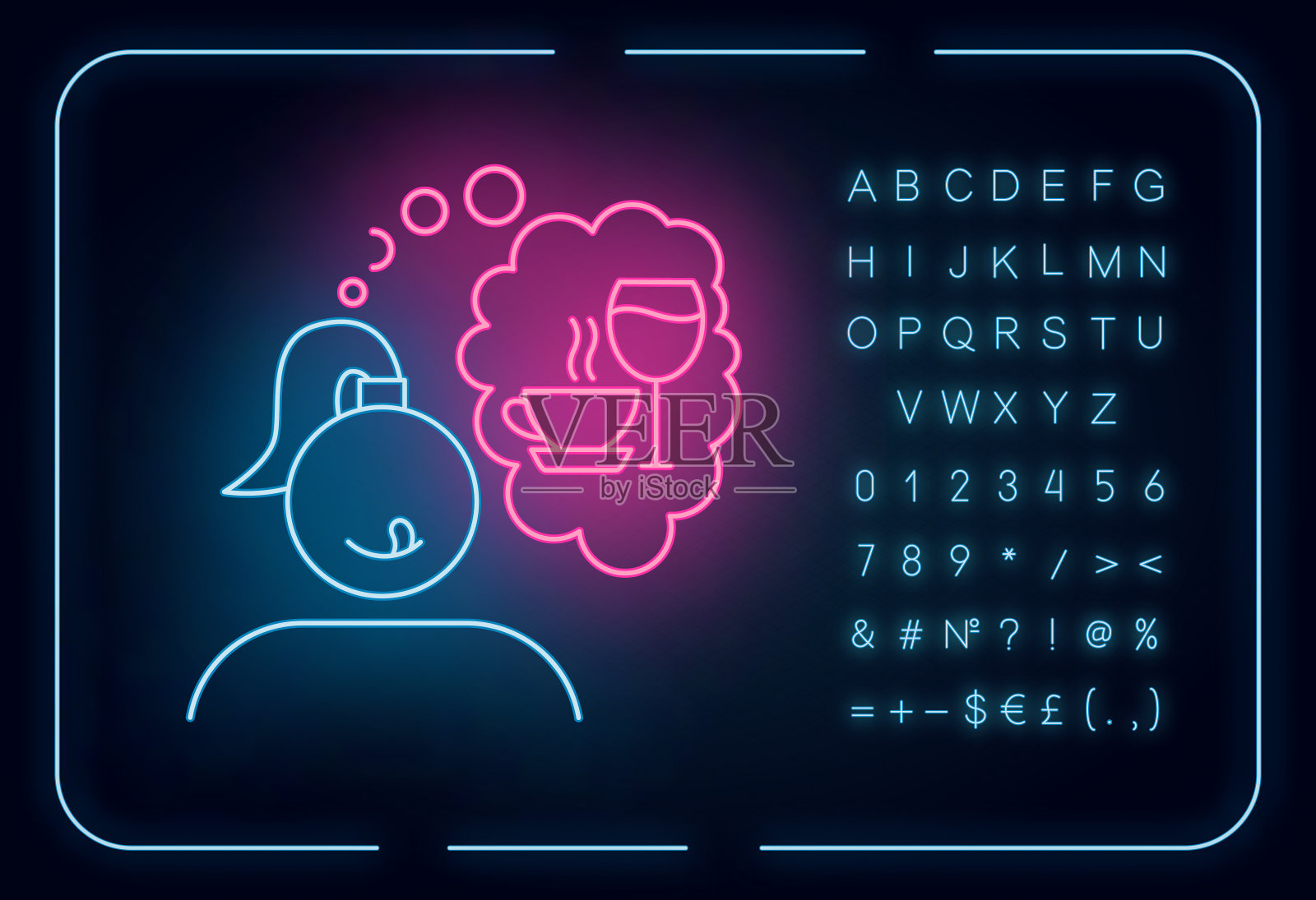 酒精和咖啡渴望霓虹灯图标。渴了的女人。想酒的女人。不健康的饮食习惯。有字母、数字和符号的发光符号。向量孤立的插图插画图片素材