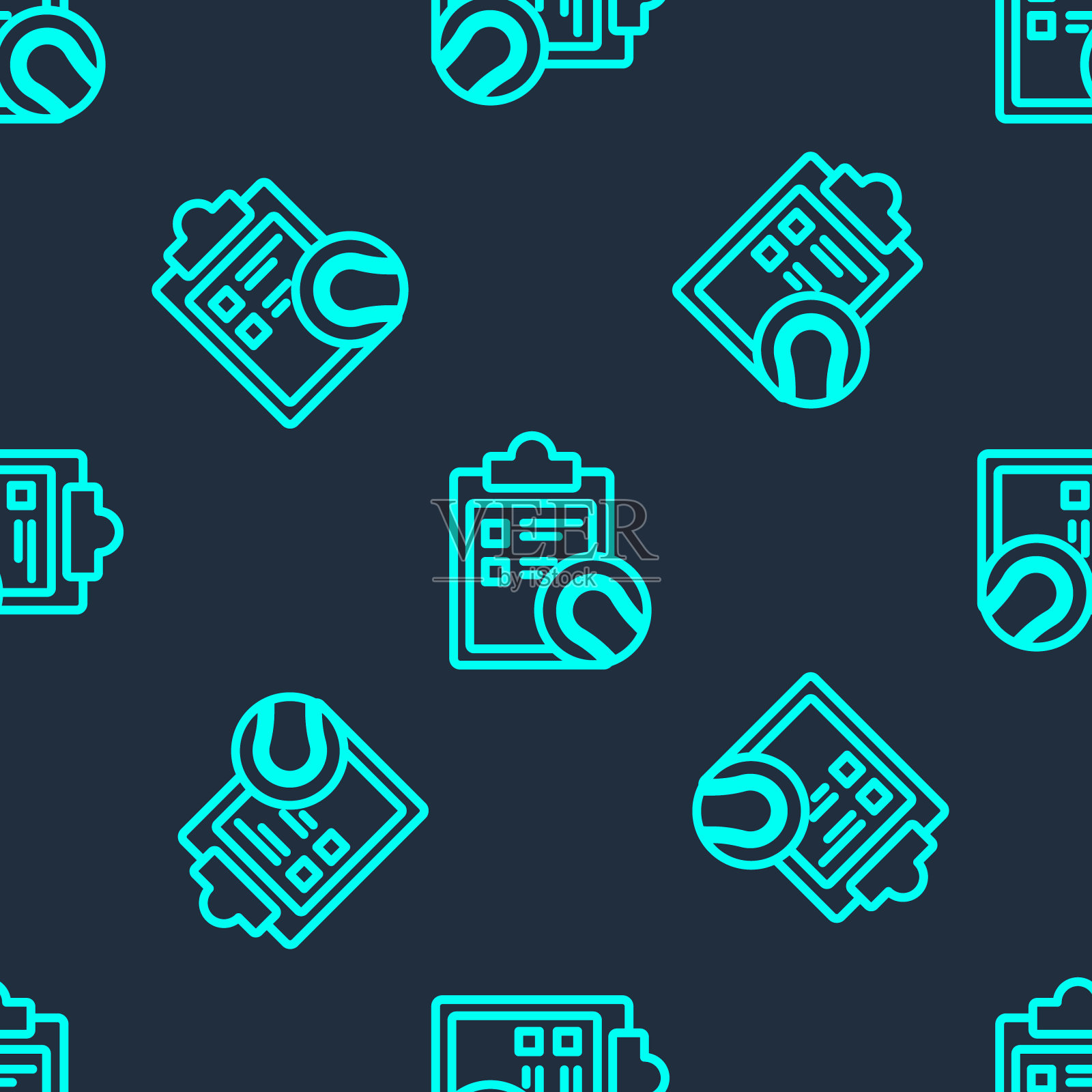 绿线检查表剪贴板和网球图标隔离无缝模式上的蓝色背景。运动设备。矢量图图标素材