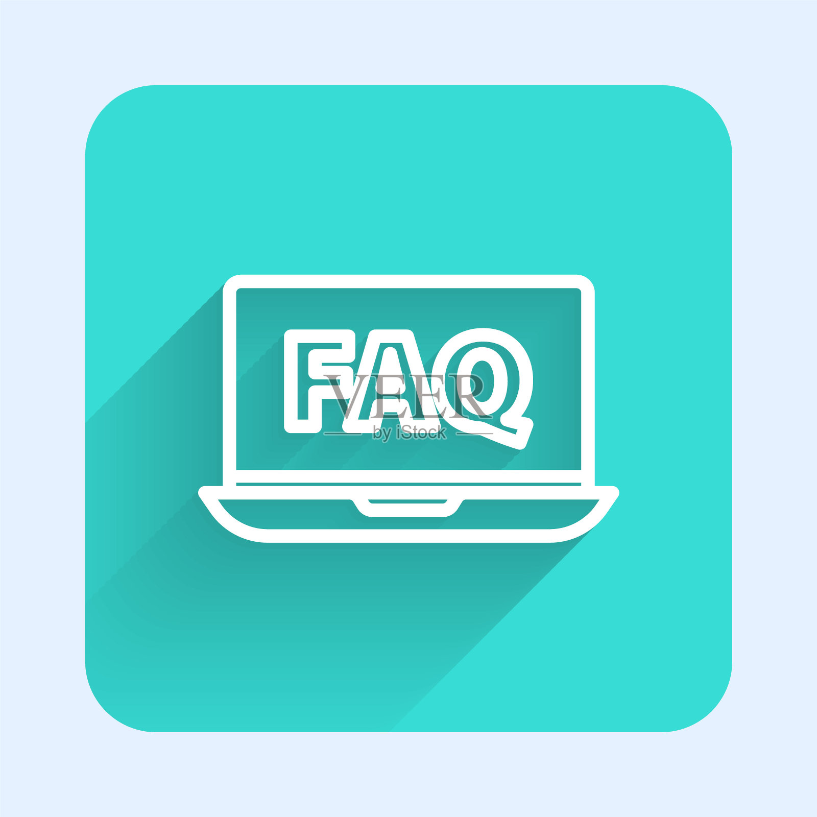 白线笔记本电脑和常见问题图标孤立与长阴影。调整、维修、设置、维护、修理、固定。绿色广场按钮。矢量图插画图片素材