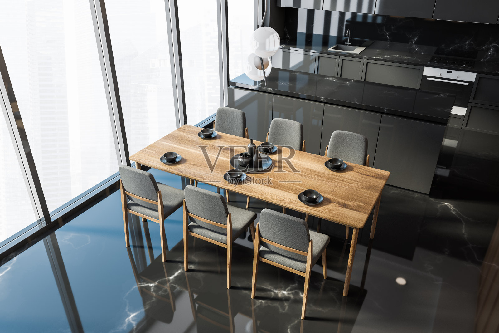 黑色大理石厨房与桌子，俯视图照片摄影图片