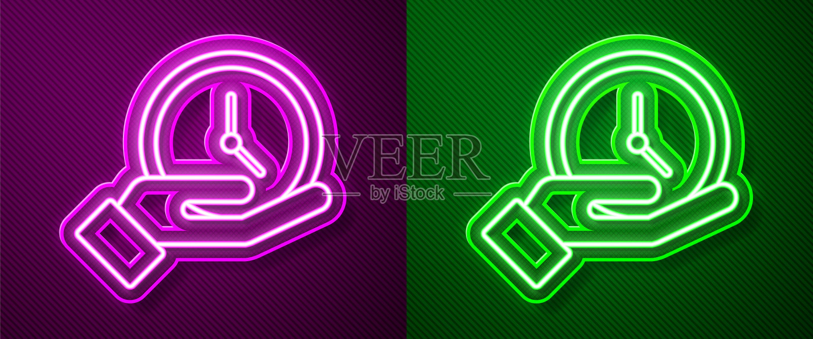 发光的霓虹灯线时钟图标孤立在紫色和绿色的背景。时间的象征。矢量图插画图片素材