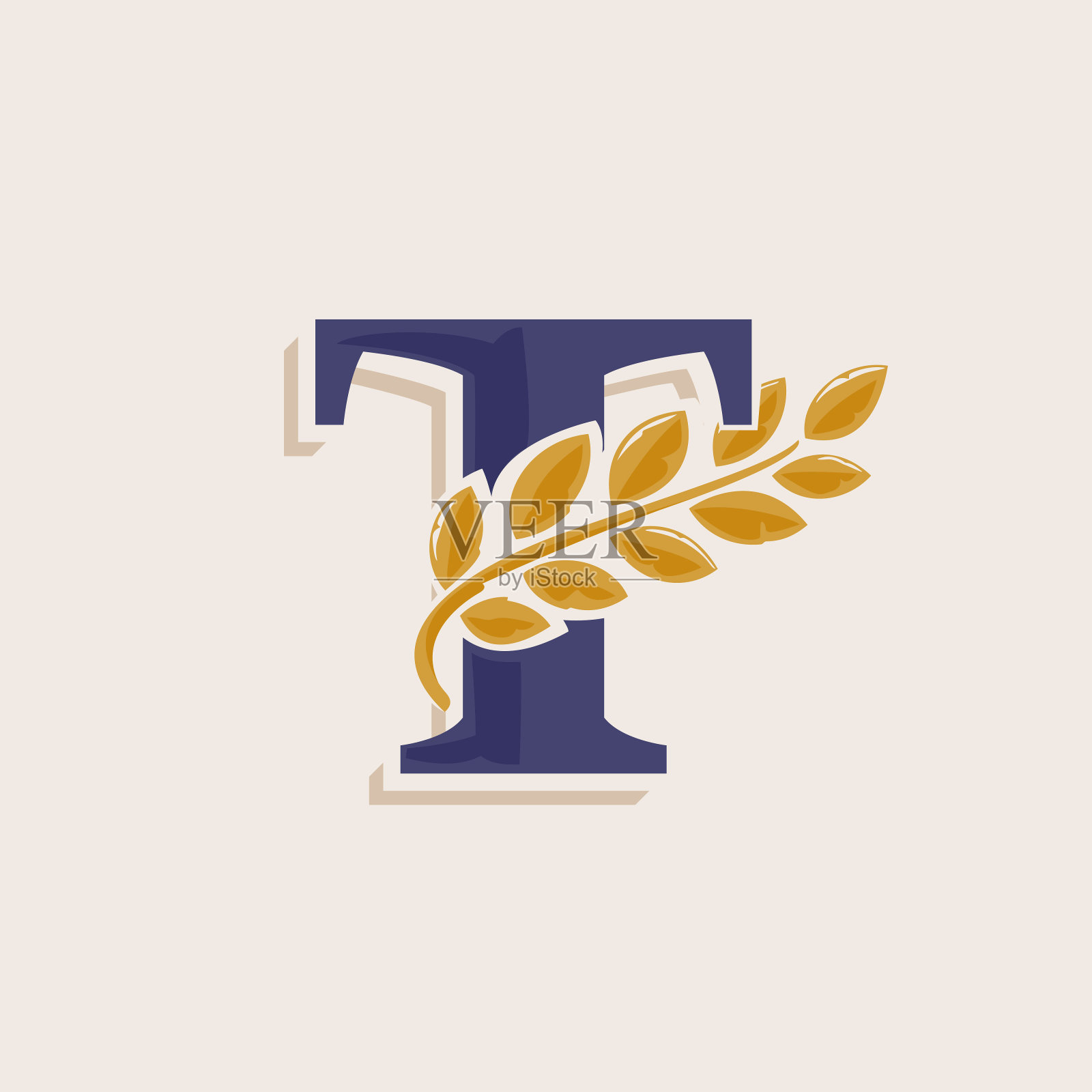 带有月桂花环的字母T标志，经典衬线字体与线条阴影插画图片素材