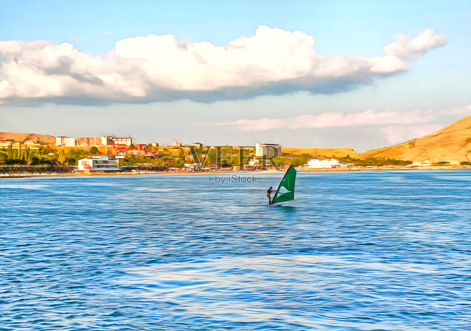 数字绘画。画水彩。海景。冲浪板上的男人。水上运动。用帆冲浪。积极的生活方式。数字绘画-插图。照片摄影图片