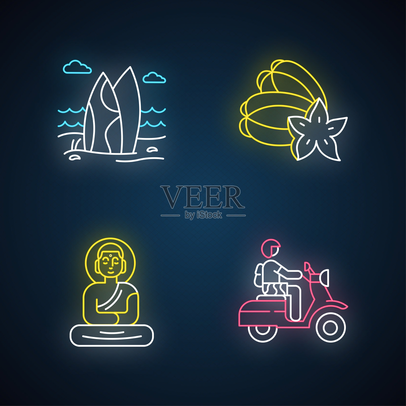 印尼霓虹灯图标集。热带国家的海滨。去印尼群岛度假。探索异国传统和文化。巴厘岛的文化。发光的迹象。向量孤立的插图插画图片素材