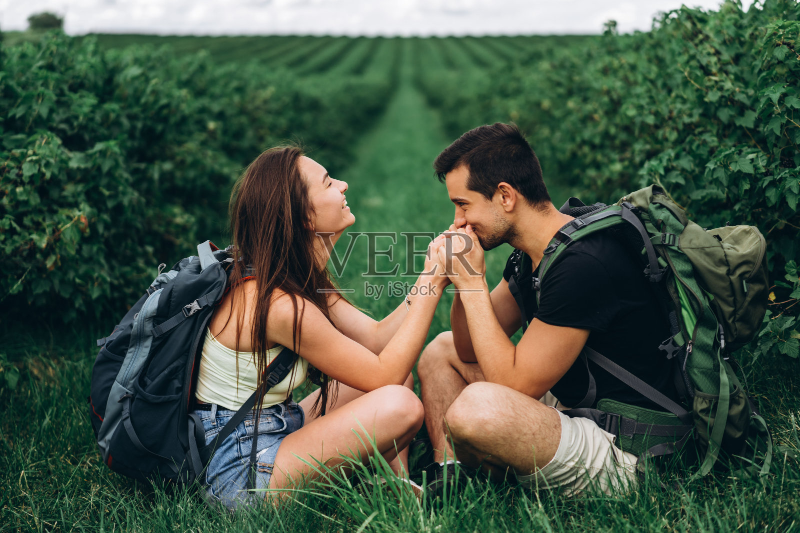 背着背包的男人和女人坐在红醋栗丛之间的绿草地上拥抱着。走在乡村的醋栗种植园上照片摄影图片