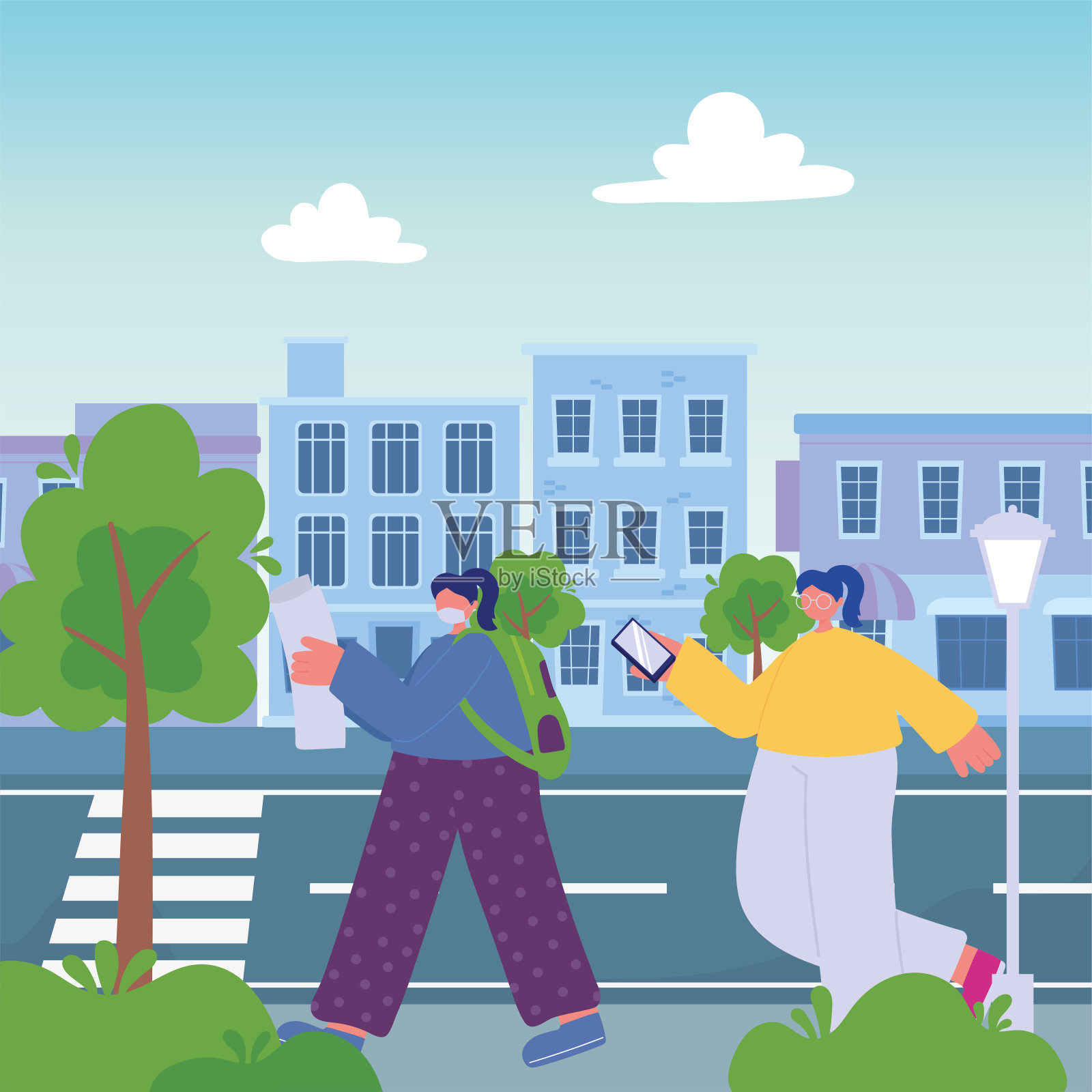 拿着地图的女人和拿着智能手机走在街道上的女孩插画图片素材