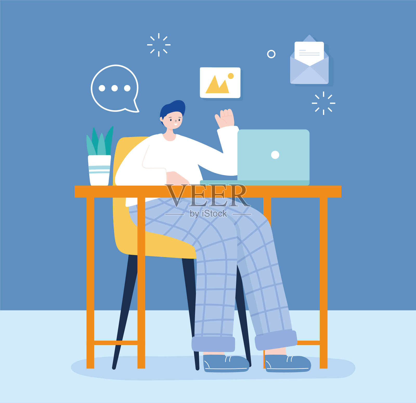 一个年轻人坐在椅子上用笔记本电脑发短信，在社交媒体上聊天插画图片素材