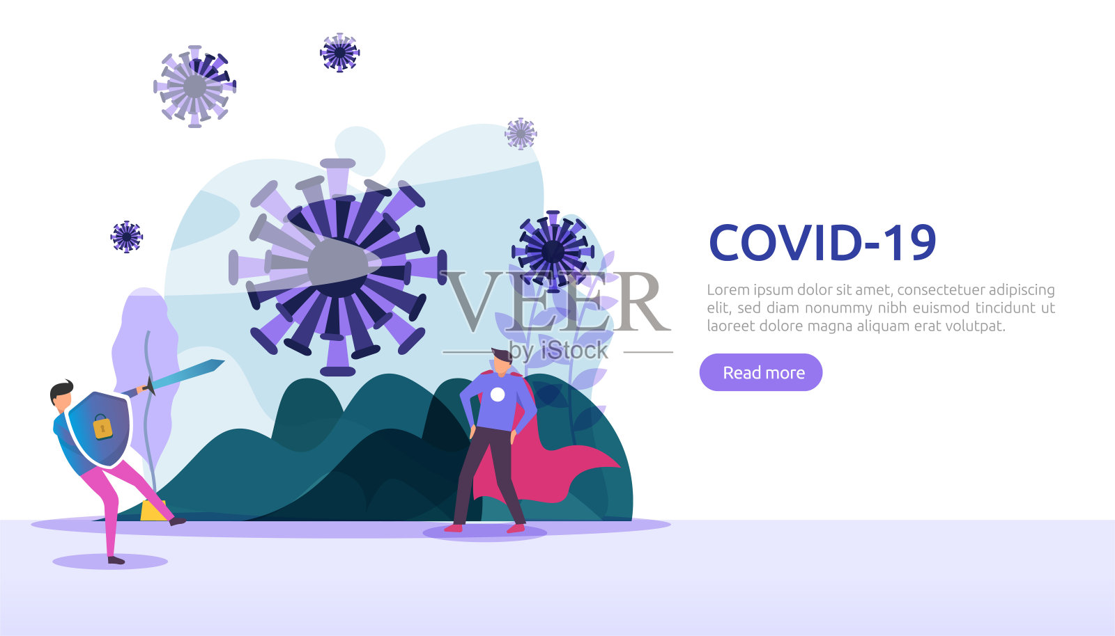 人们抗击COVID-19冠状病毒的插图概念。新型冠状病毒疫苗的研究概念。网页登陆页面模板，横幅，演示，社会，海报，广告，或印刷媒体插画图片素材
