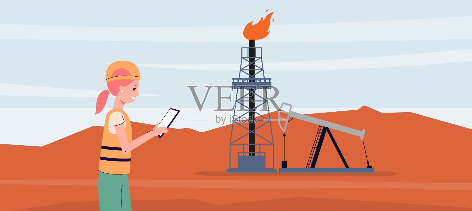女工程师站在石油钻机和油井旁，用抽油机和平板插画图片素材