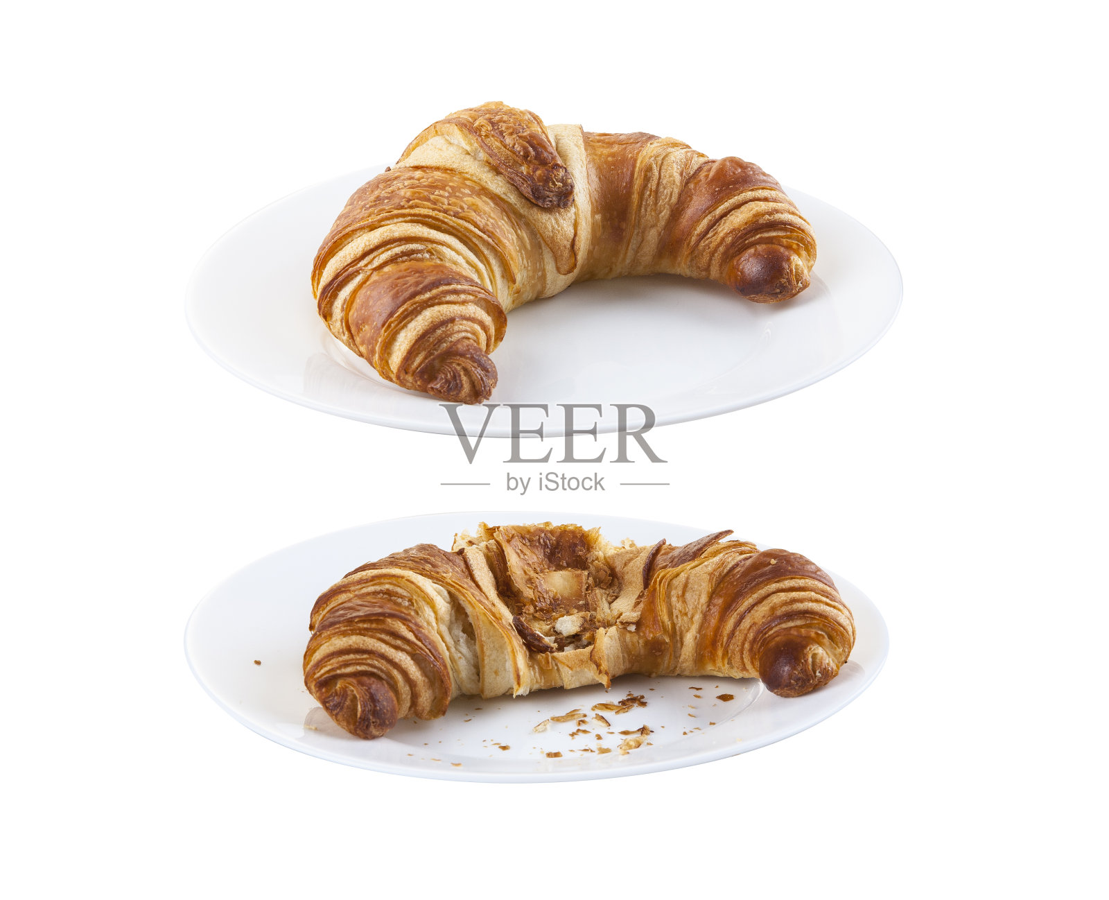 牛角面包在白色盘子上孤立在白色照片摄影图片