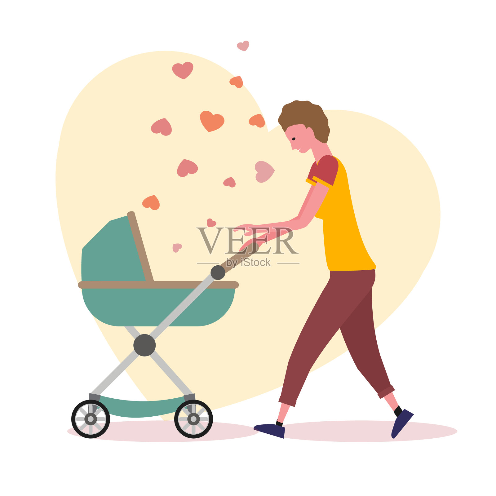 走路的妈妈用婴儿车载着蹒跚学步的孩子插画图片素材