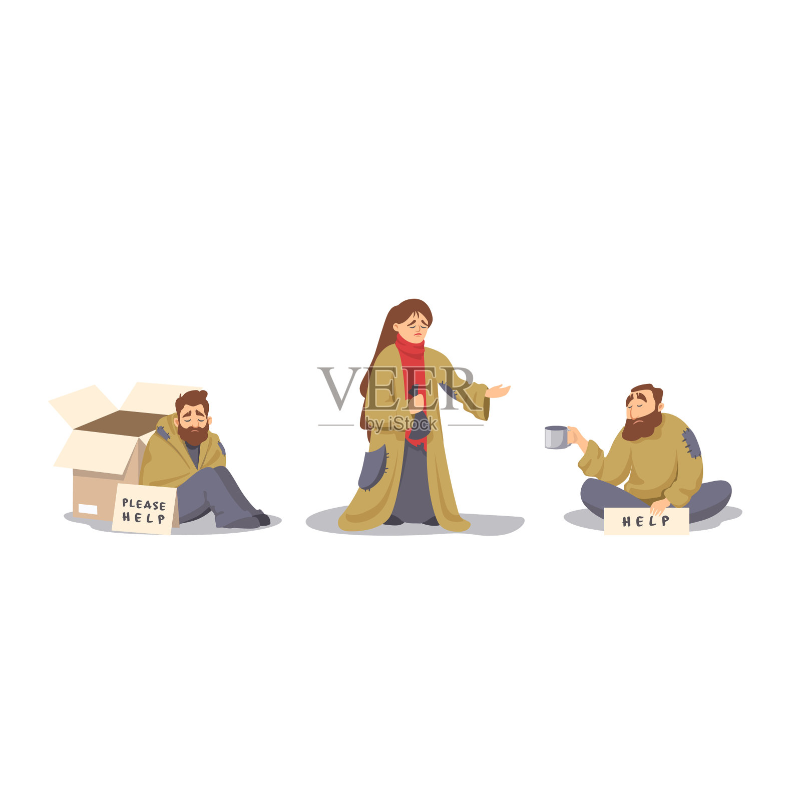 设定贫穷饥饿的人们要求食物和图标素材