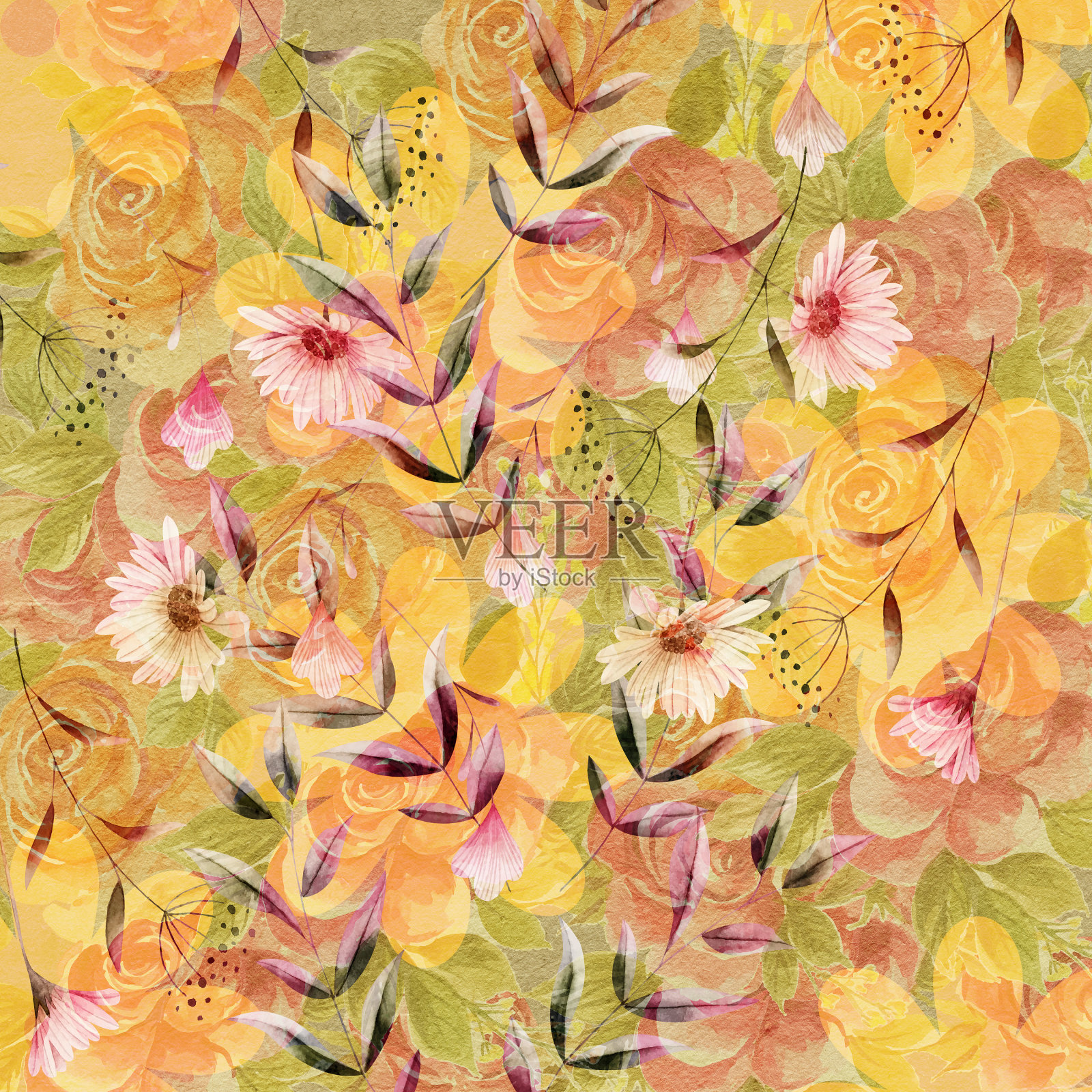 彩色花朵图案数字插图背景花在水彩。插画图片素材