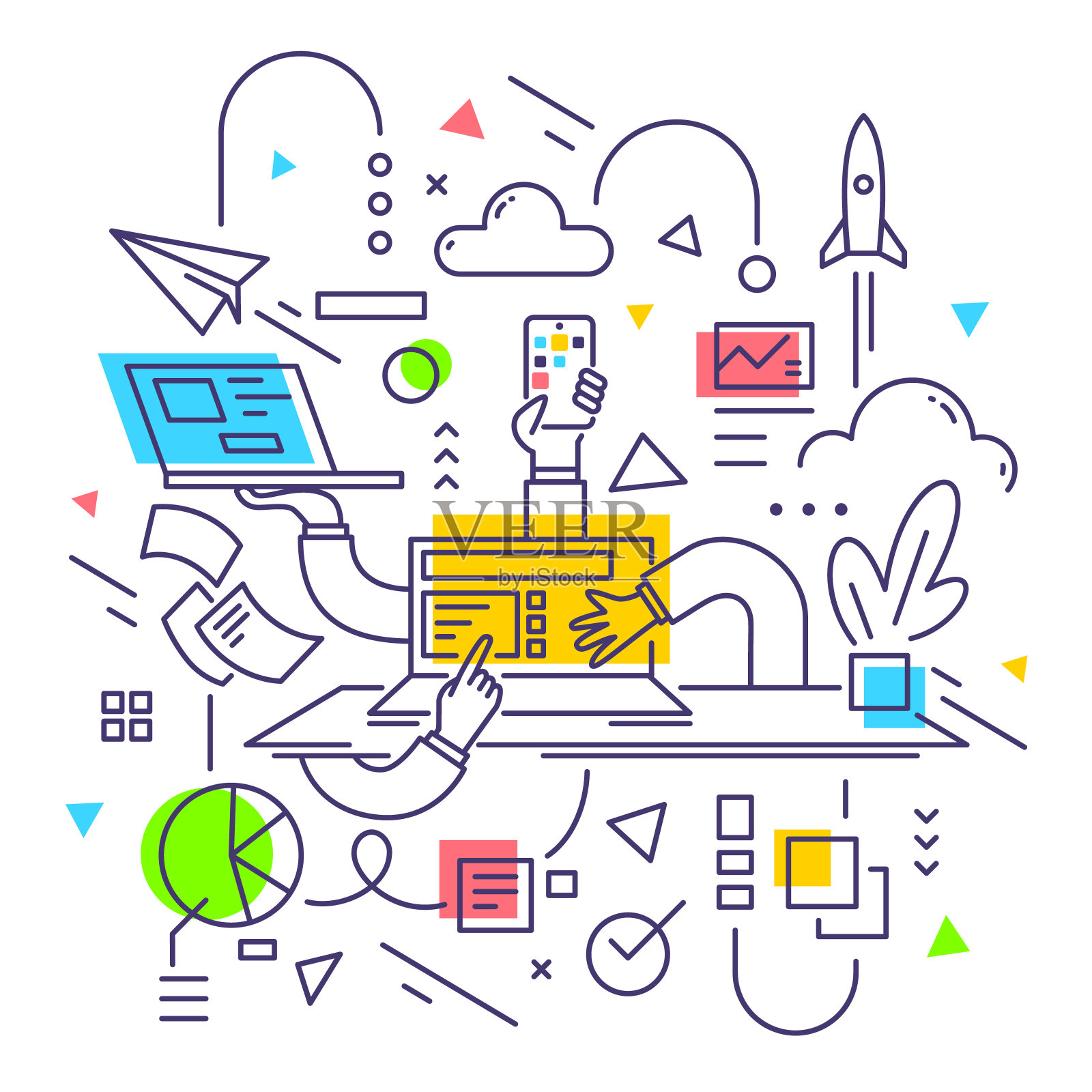 矢量创意商业插图的人与笔记本电脑和纸文件在白色的背景。启动多任务管理器概念。插画图片素材