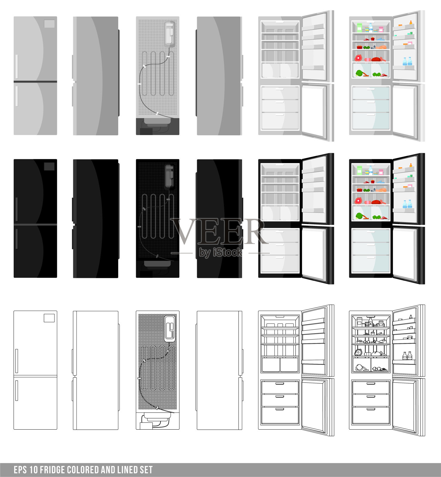 冰箱。银色和黑色冰箱与两扇门和玻璃门-矢量插图孤立在白色背景。一组线条和彩色物体。厨房的机器。装满了冷冻的食物。插画图片素材