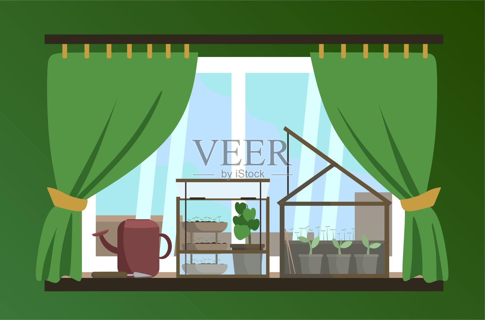 家庭小型玻璃温室，用于住宅和阳台。平面向量插图。园艺与植物。花园和种子。12、爱护绿色朋友。图片为网站横幅和明信片。在窗口插画图片素材