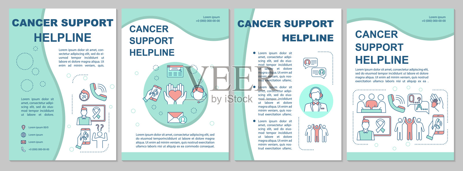 癌症支持热线手册模板。呼叫中心。肿瘤的帮助。传单，小册子，传单印刷，封面设计与线性图标。矢量布局杂志，年度报告，广告海报插画图片素材