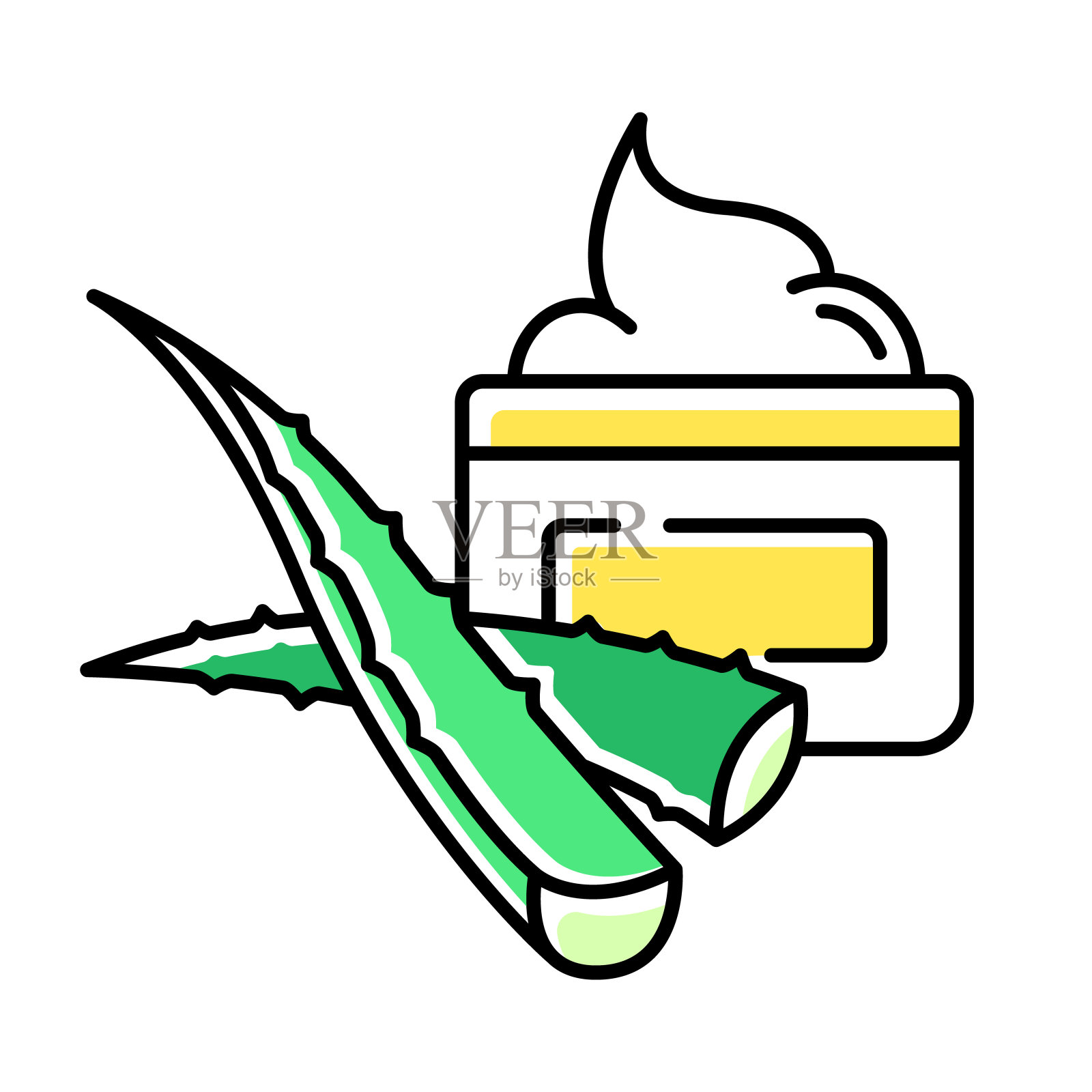 有机奶油绿色图标。芦荟化妆品。洗剂与草药。美丽和皮肤病。护肤品和selfcare。清洗产品。在容器中。孤立的矢量图插画图片素材