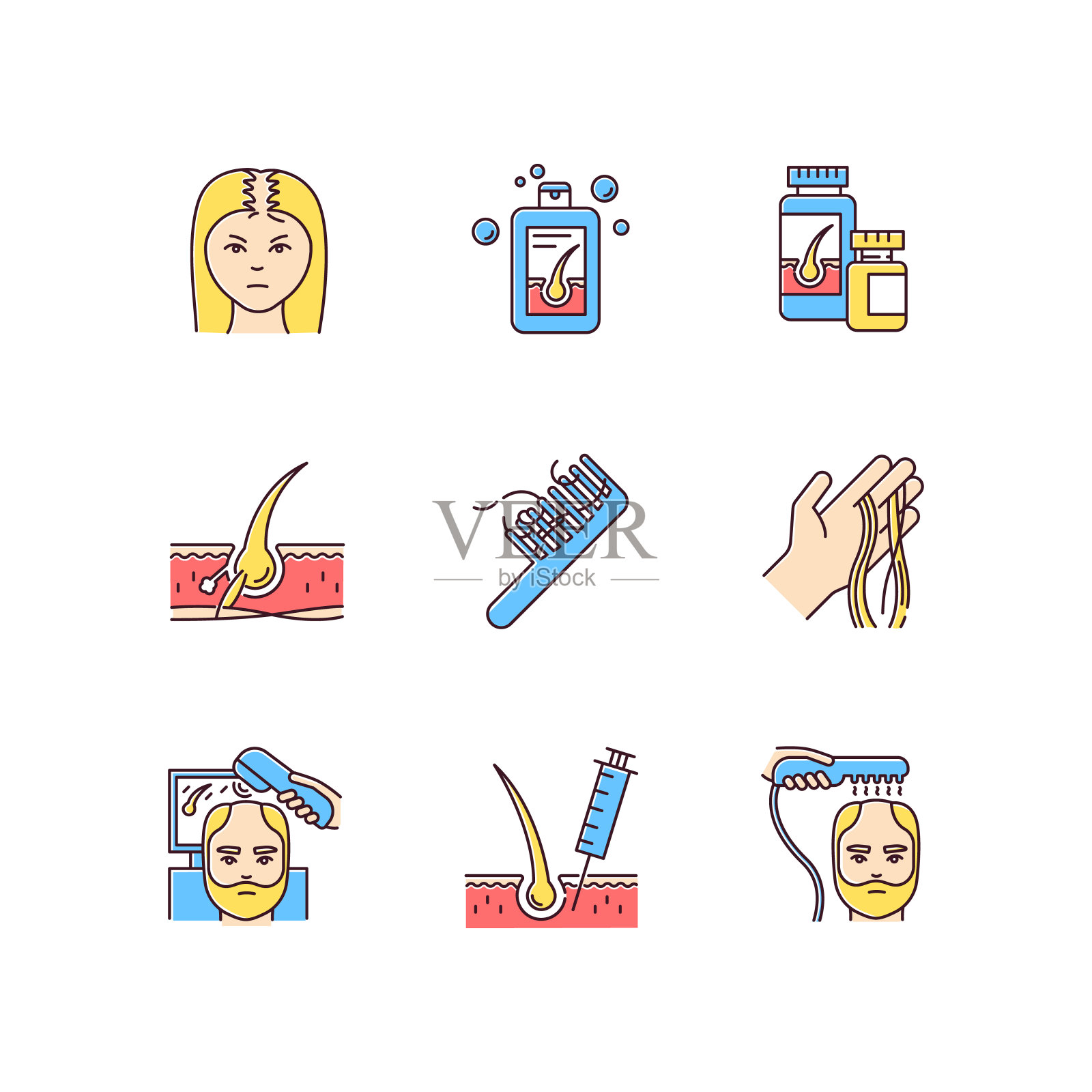 脱发RGB颜色图标设置。男性脱发和女性秃顶。头发再生的激光疗法。稀疏的发际线。卵泡,头皮皮肤。注入和移植。孤立的矢量插图插画图片素材